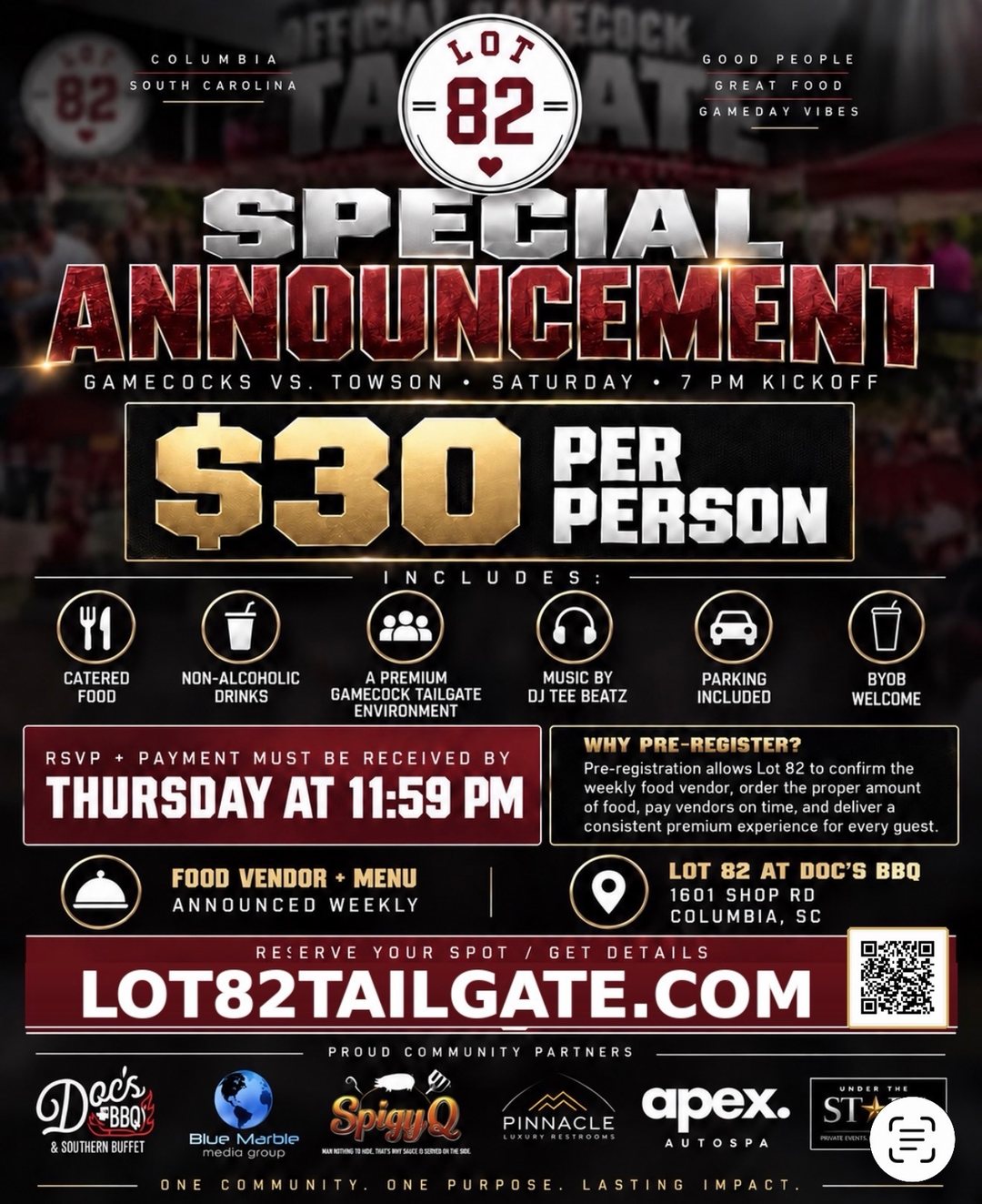 Lot 82 special announcement flyer: Gamecocks vs Towson, Saturday 7 PM kickoff, $30 per person at Doc's BBQ